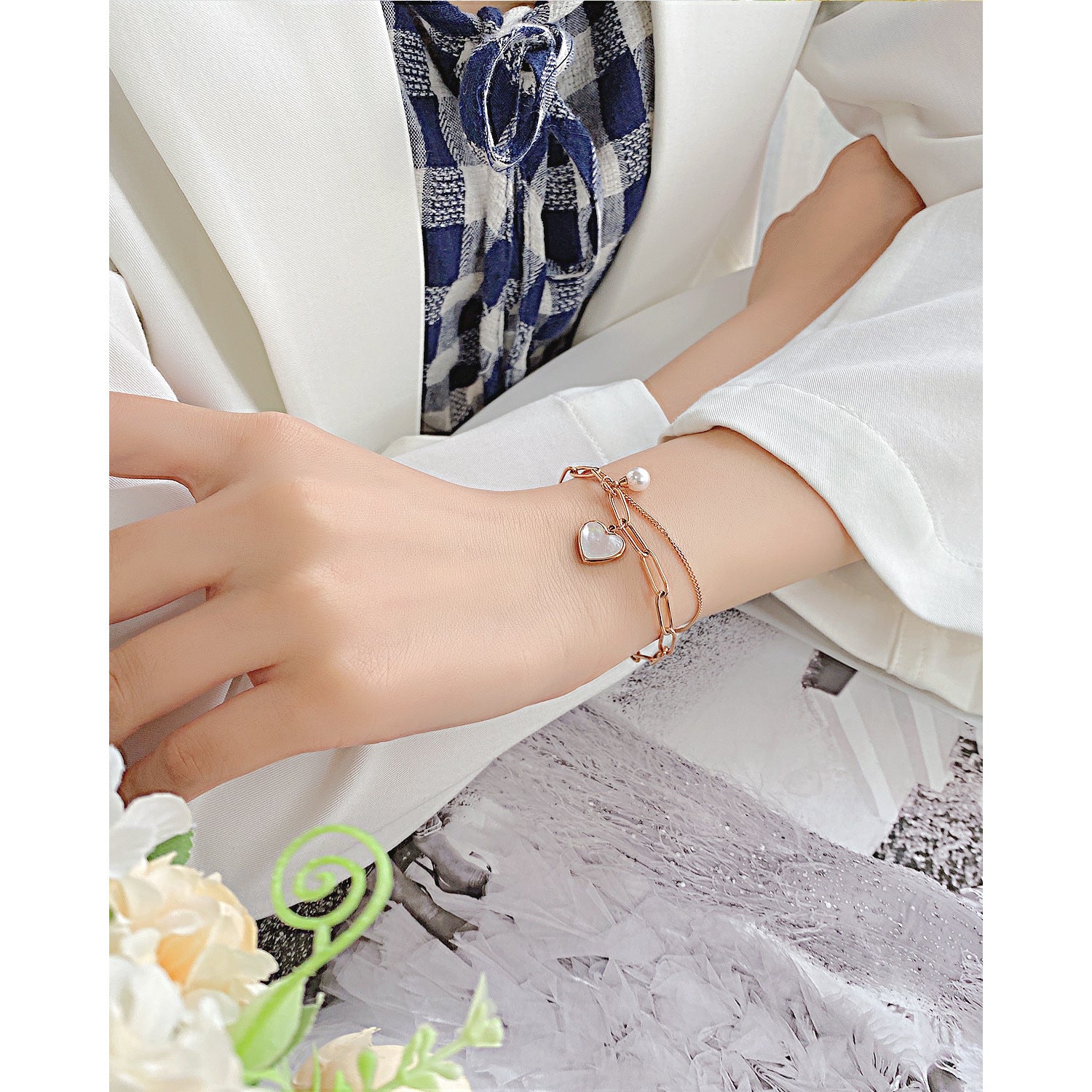 Wholesale Double Layer All-match Heart Pearl Stainless Steel Bracelet