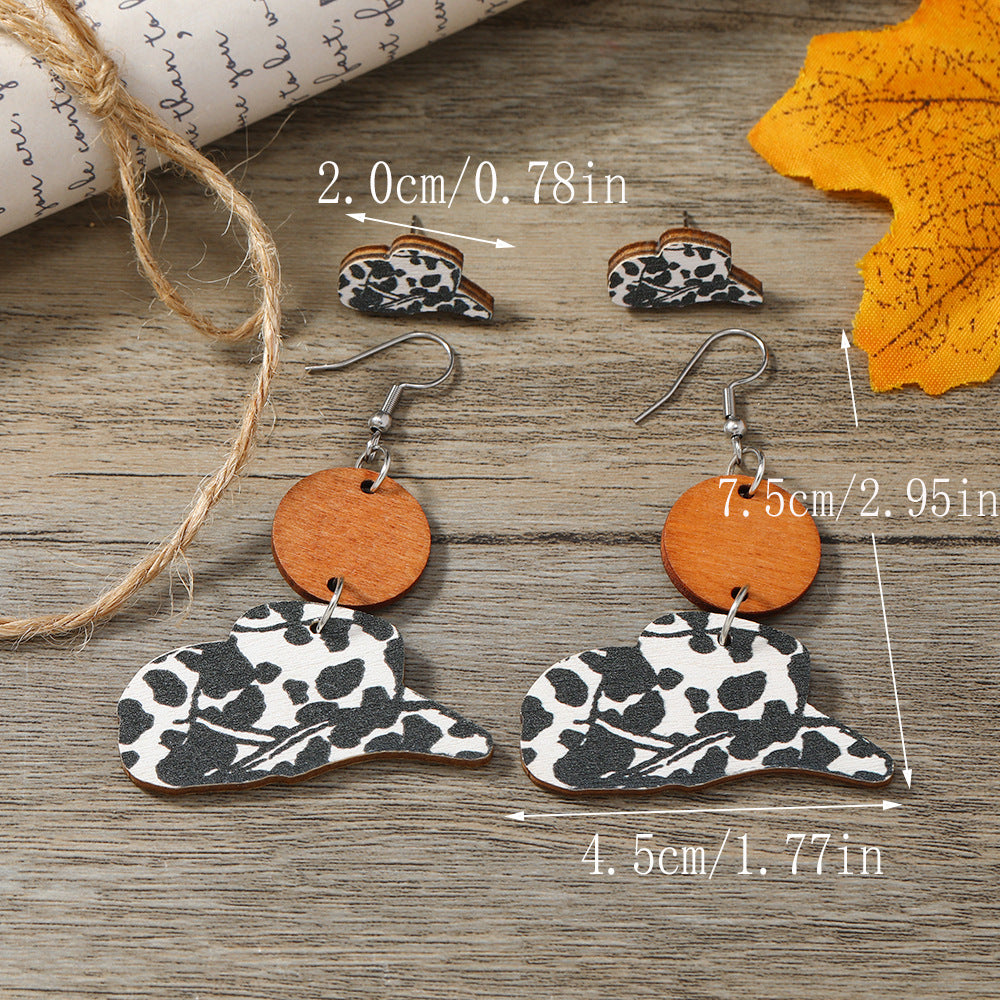 Wholesale Western Style Cow Pattern Cowboy Hat Wooden Earrings