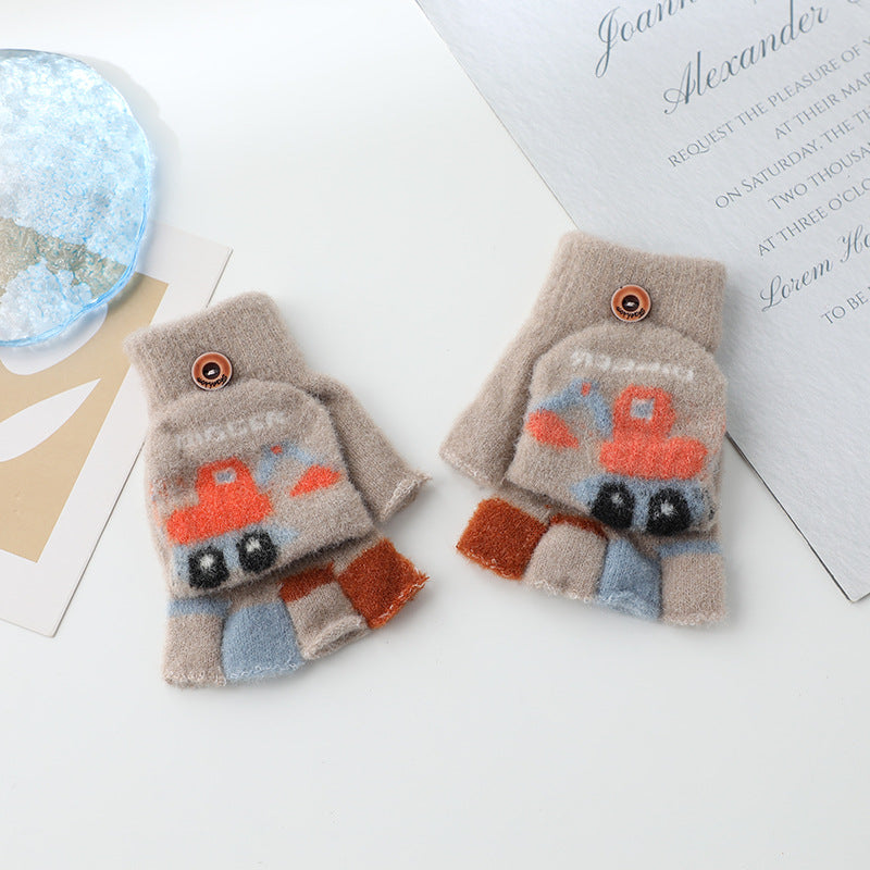 Wholesale Warm Flip Half Finger Knitted Cartoon Children's Imitation Cashmere Gloves