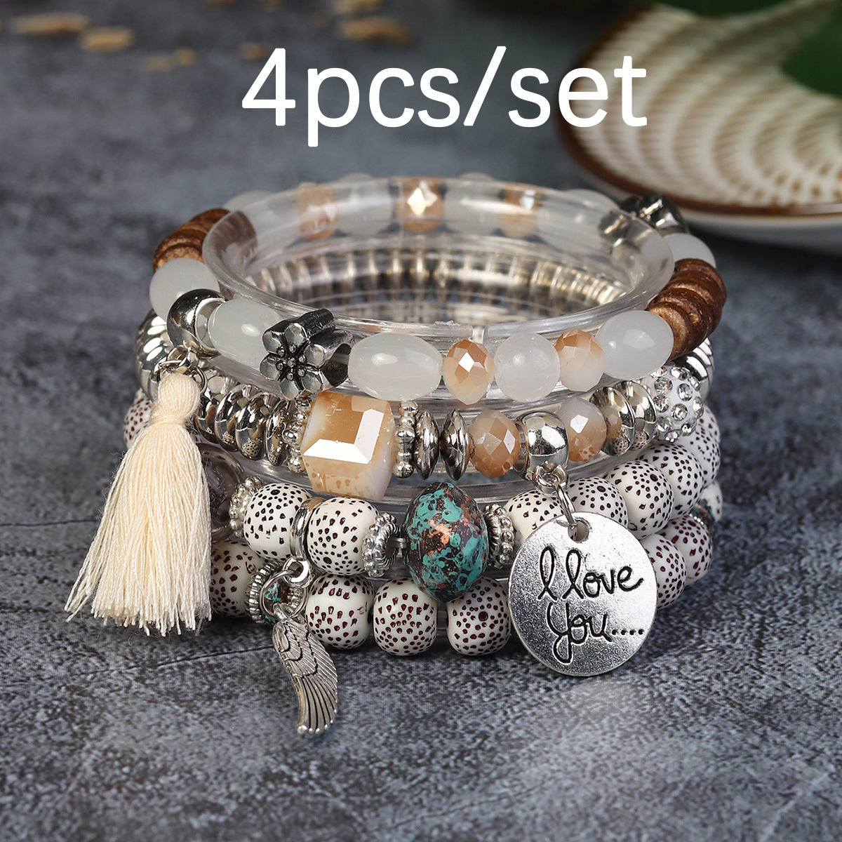 Wholesale I Love You Wings Tassel Glass Elastic Bracelet