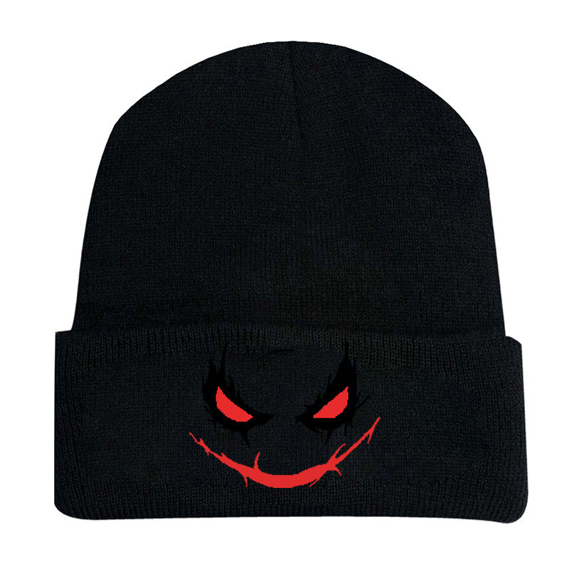 Wholesale Halloween Spoof Scary Smiley Face Printed Knitted Hood Velvet Cold Hat
