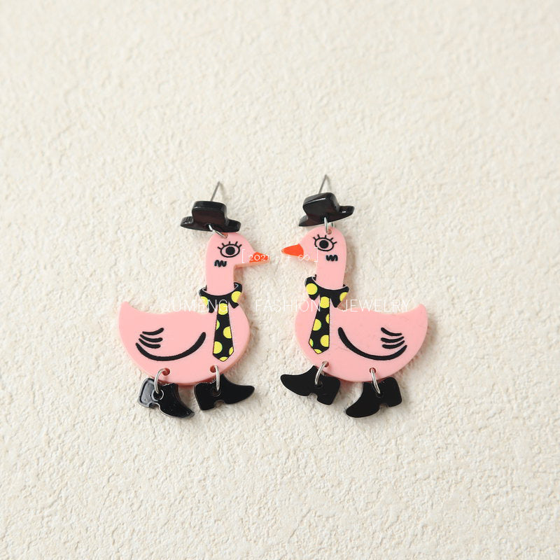 Wholesale Funny Printed Tie Leather Shoes Goose Cartoon Acrylic Earrings