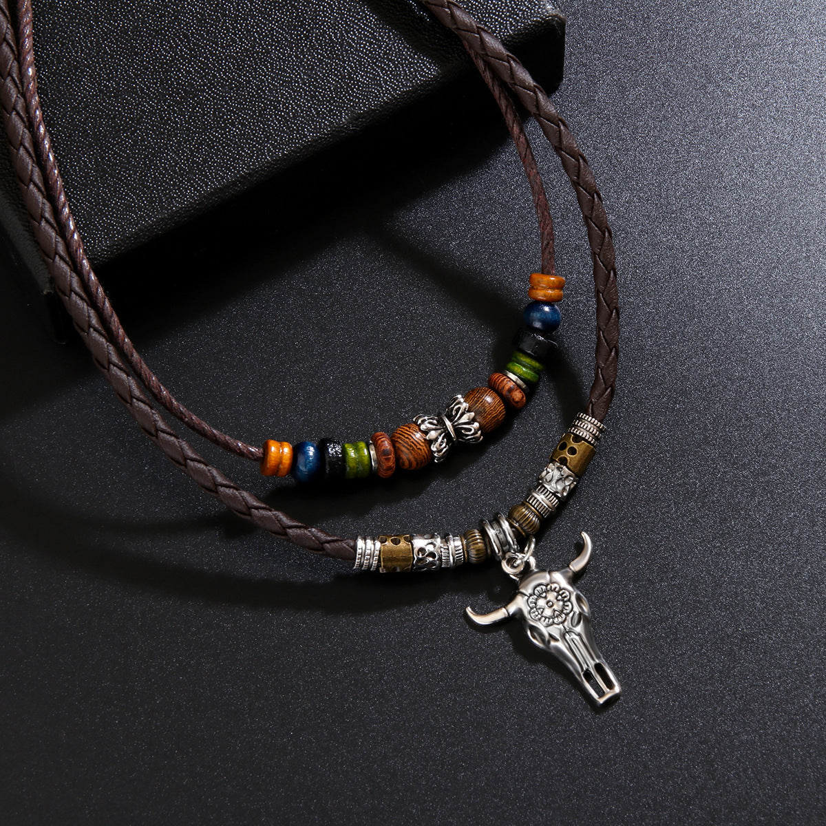 Wholesale Ox head shaped wooden bead double necklace Braided rope clavicle necklace