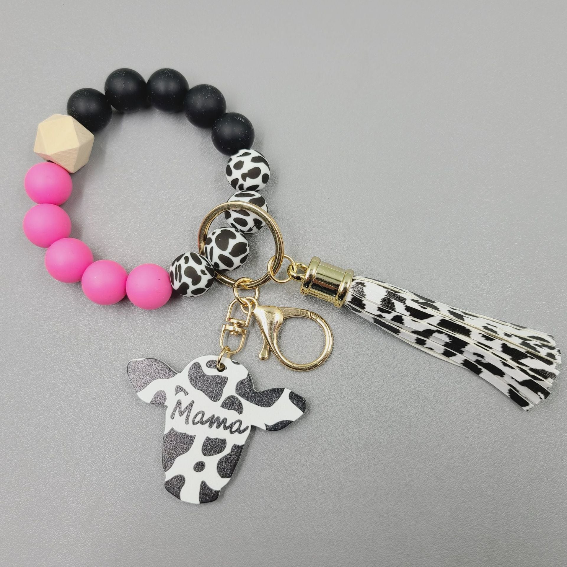 Wholesale Western Style Wood Chips MAMA Bull Head Silicone Beads Bracelet Keychain