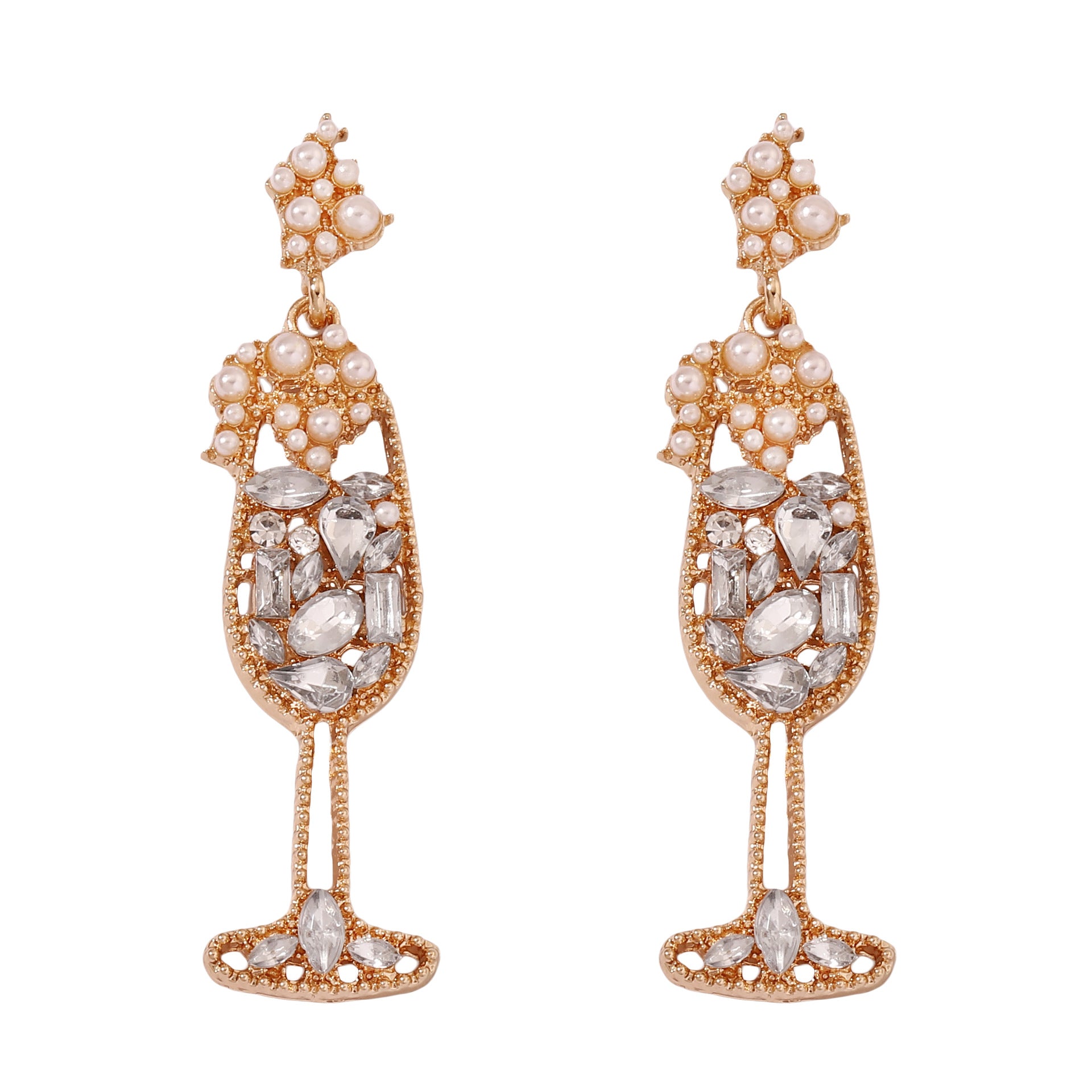 Wholesale Pearl Inlaid Diamond Wine Glass Shaped Alloy Earrings