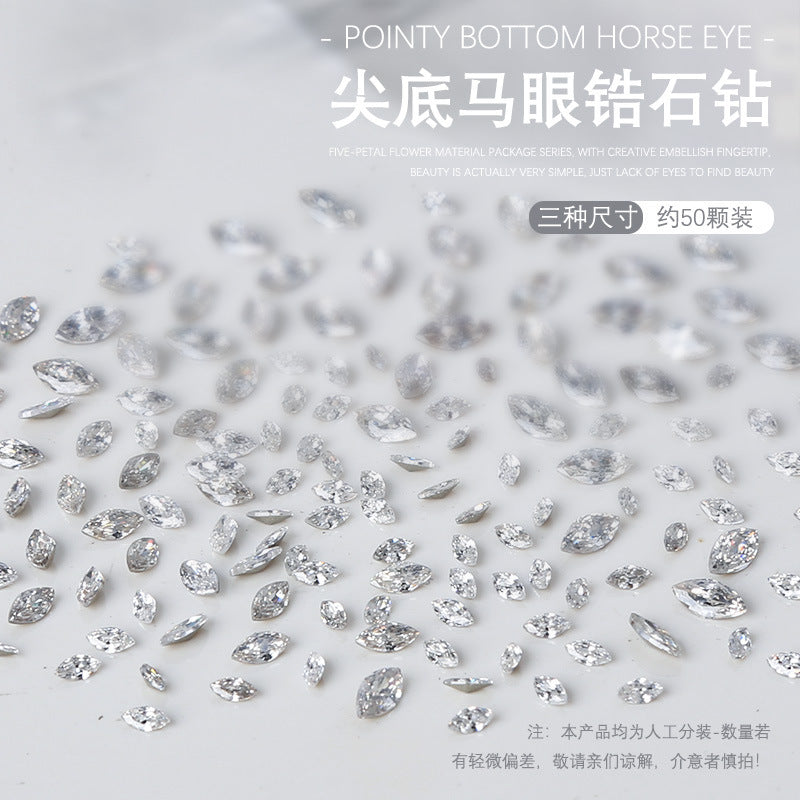 Wholesale 50pcs nail art pointed bottom diamond 5A zircon large, medium and small horse eye diamond special shaped diamond nail decoration