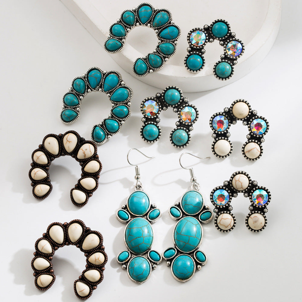 Wholesale Ethnic retro diamond turquoise geometric pendant earrings