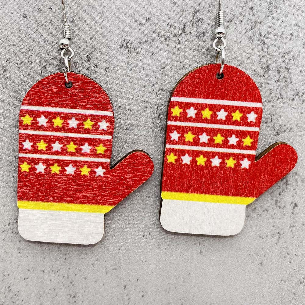 Wholesale Christmas Earrings Santa Hat Football Gloves Bell Print Wooden Earrings