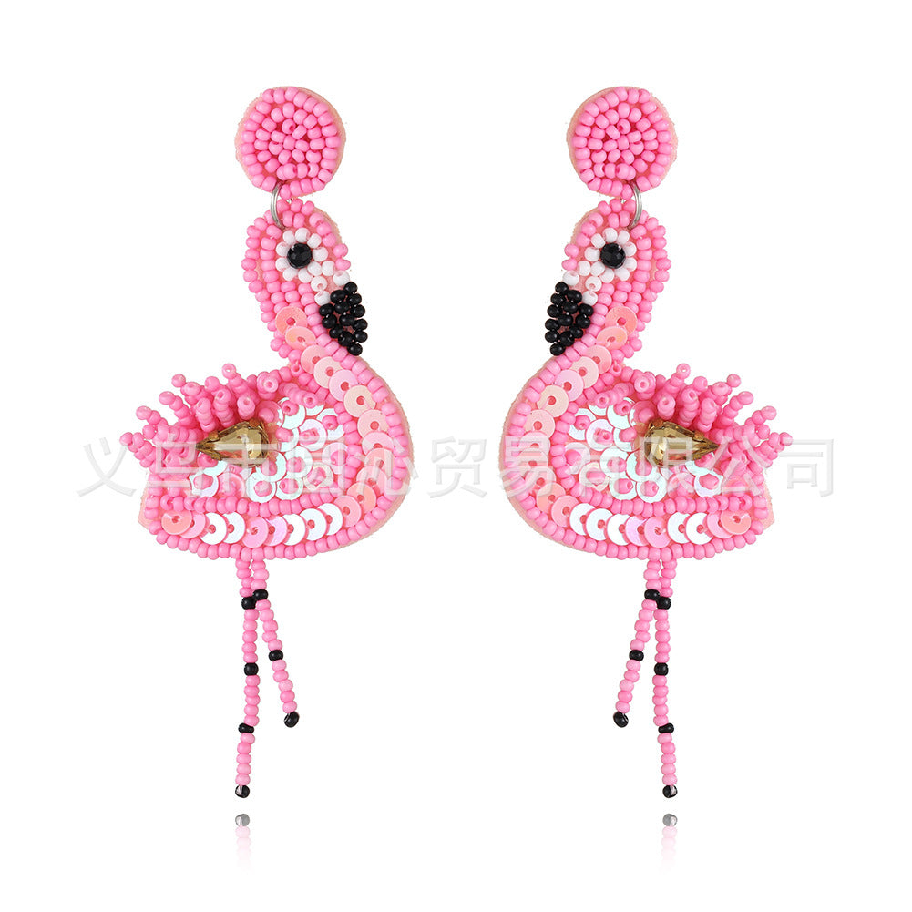 Wholesale Pink Flamingo Fabric Art Rice Beads Handmade Tassel Earrings