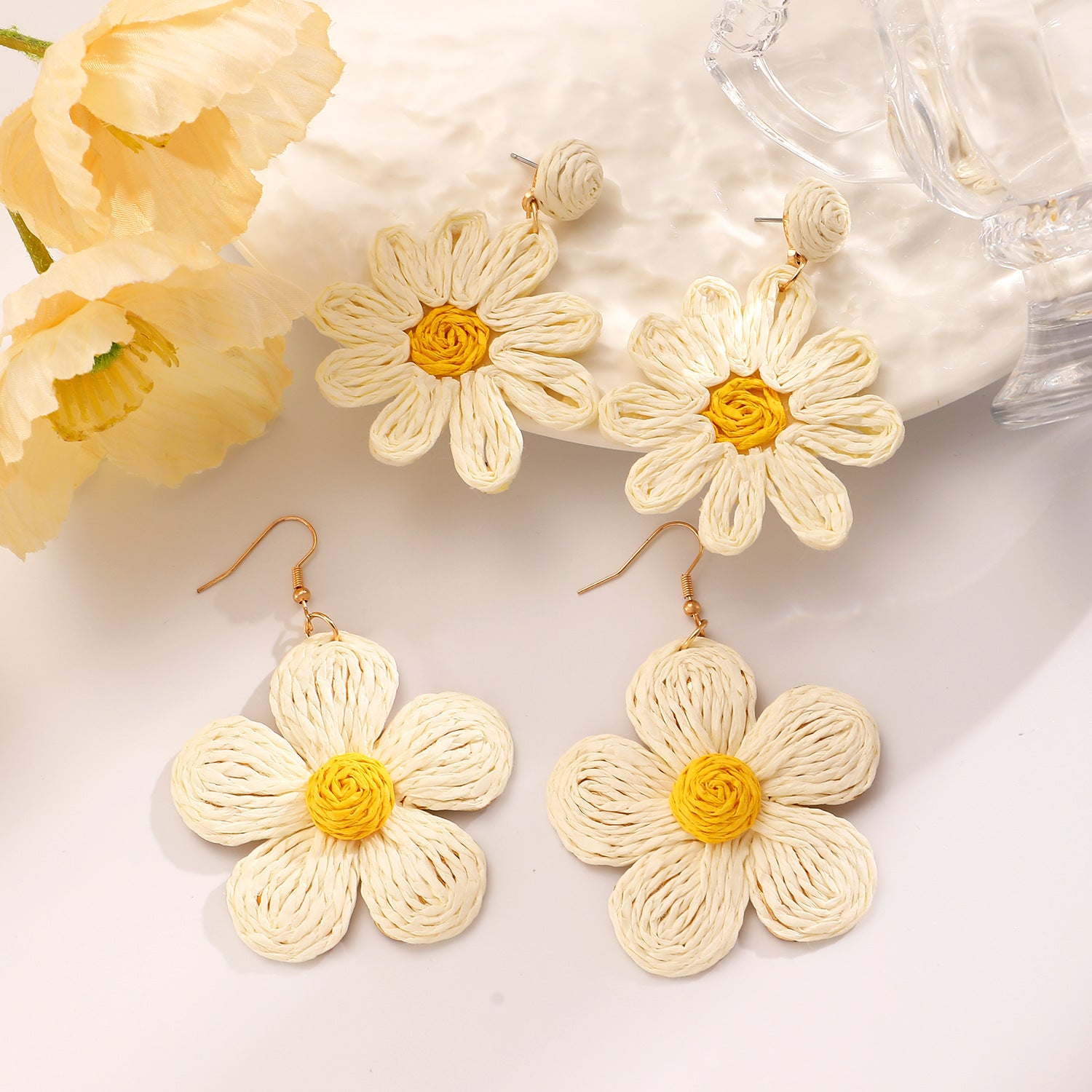 Wholesale Trendy Summer Vacation Hand Knit Raffia Flower Earrings For Women Golden Yellow Fashion Accessory Resale Gift