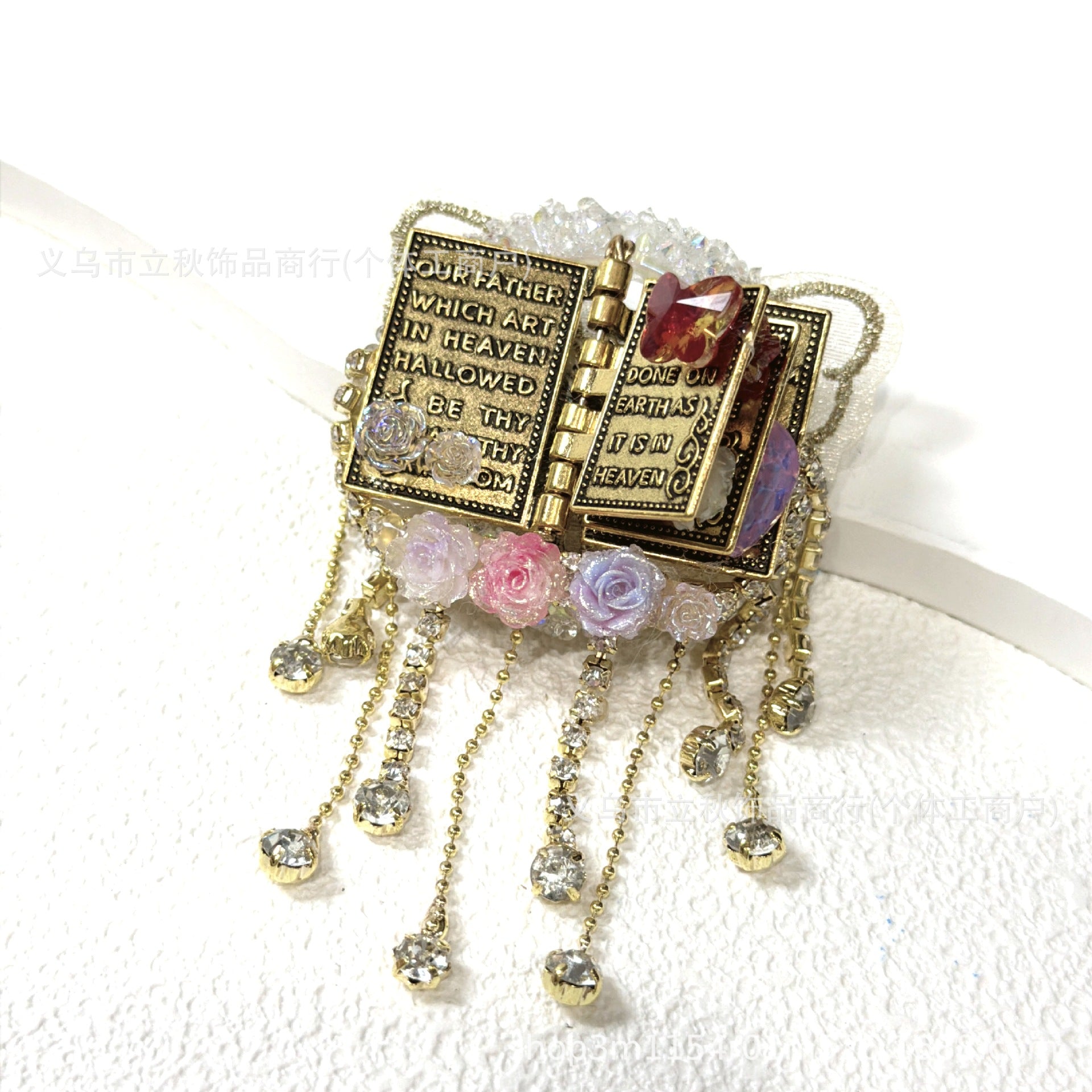 Wholesale Page turning tassel chain scripture with three-dimensional inlaid diamonds and straight hole beads