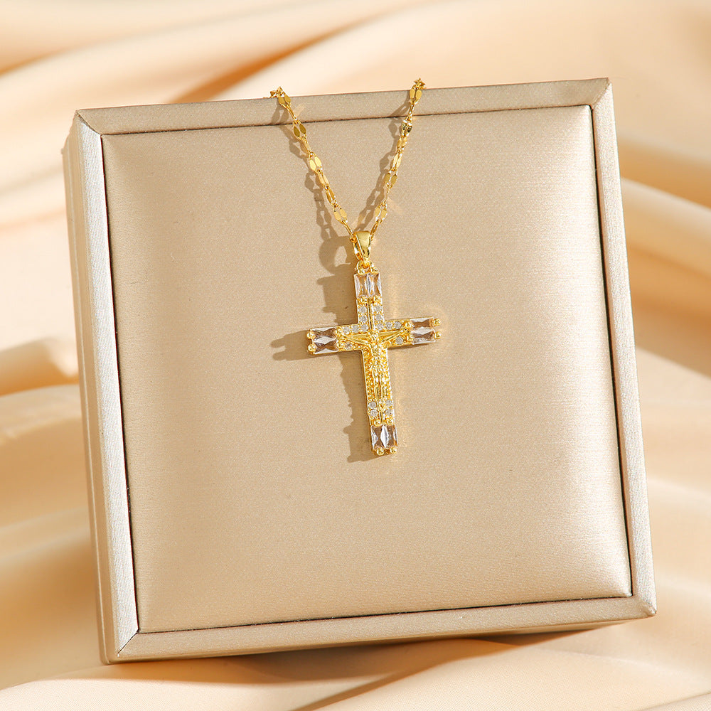 Wholesale Virgin Mary Cross Micro-Inlaid Zirconia Gold-Plated Copper Clavicle Necklace