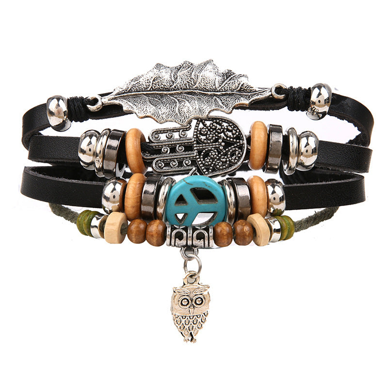 Wholesale Vintage Leaf Handwoven Multi-layer Leather Bracelet