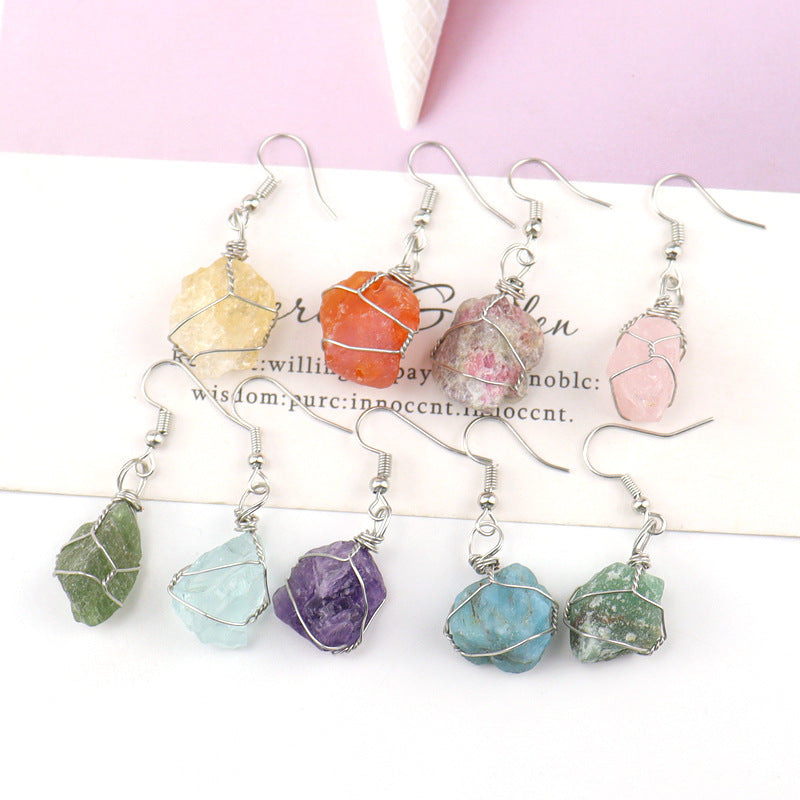 Wholesale New Handmade Silver Wound Natural Rough Crystal Agate Tourmaline Earrings