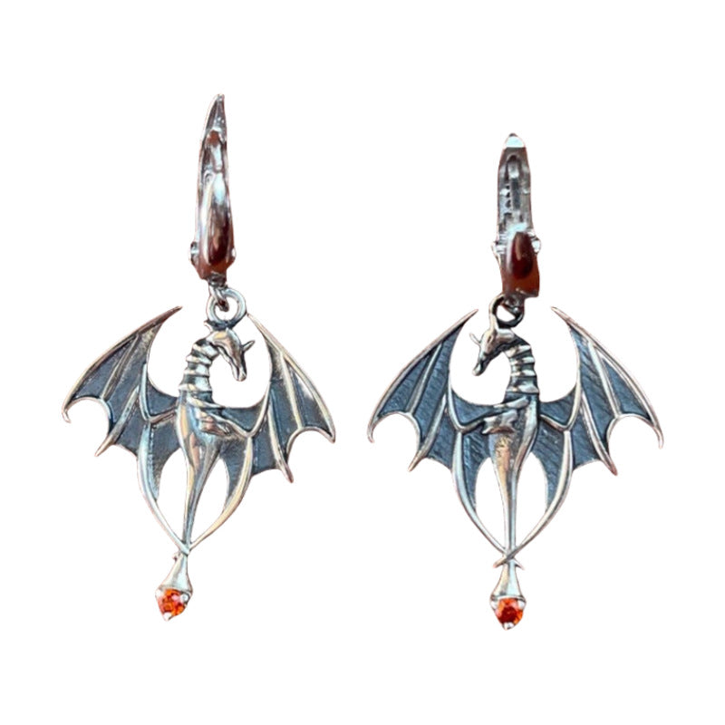Wholesale Retro Totem Flying Dragon Inlaid Red Gemstone Pendant Alloy Earrings