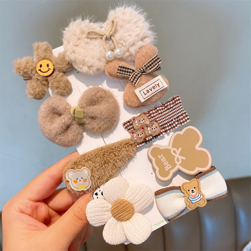 Wholesale Multi Piece Set Autumn and Winter Plush Hair Clip, Children's Coffee Color Cute Forehead Bangs Hair Clip