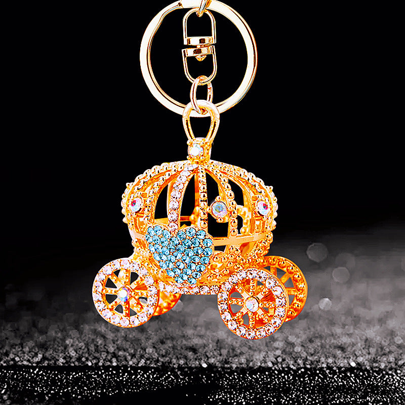 Wholesale Metal Rhinestone Pumpkin Carriage Keychain Bag Charm Pink Car Key Accessory Decorative Gift