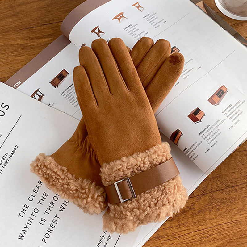 Wholesale Leather Buckle Decoration Suede Plush Thickened Gloves
