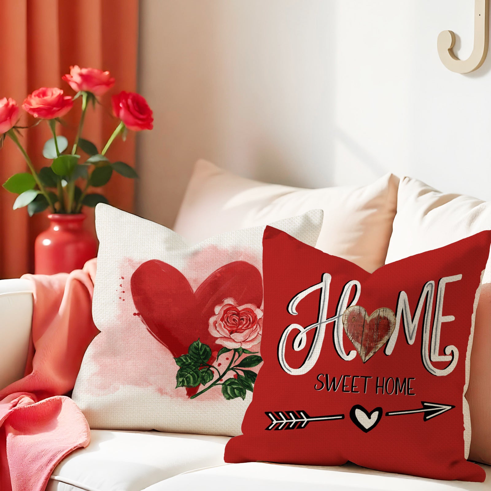 Wholesale Valentine' s Day Set Pillowcase Red  Heart  Lmitation Linen Pillowcase