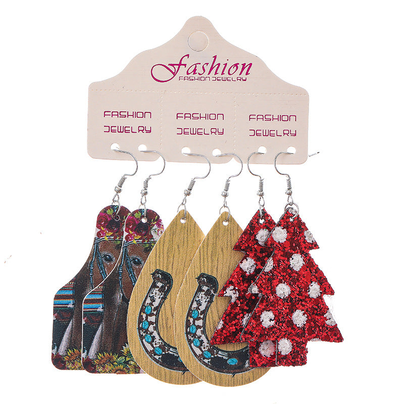 Wholesale 2 Sets Christmas Set Bull Head Cactus Sunflower Horseshoe Water Drop PU Leather Earrings