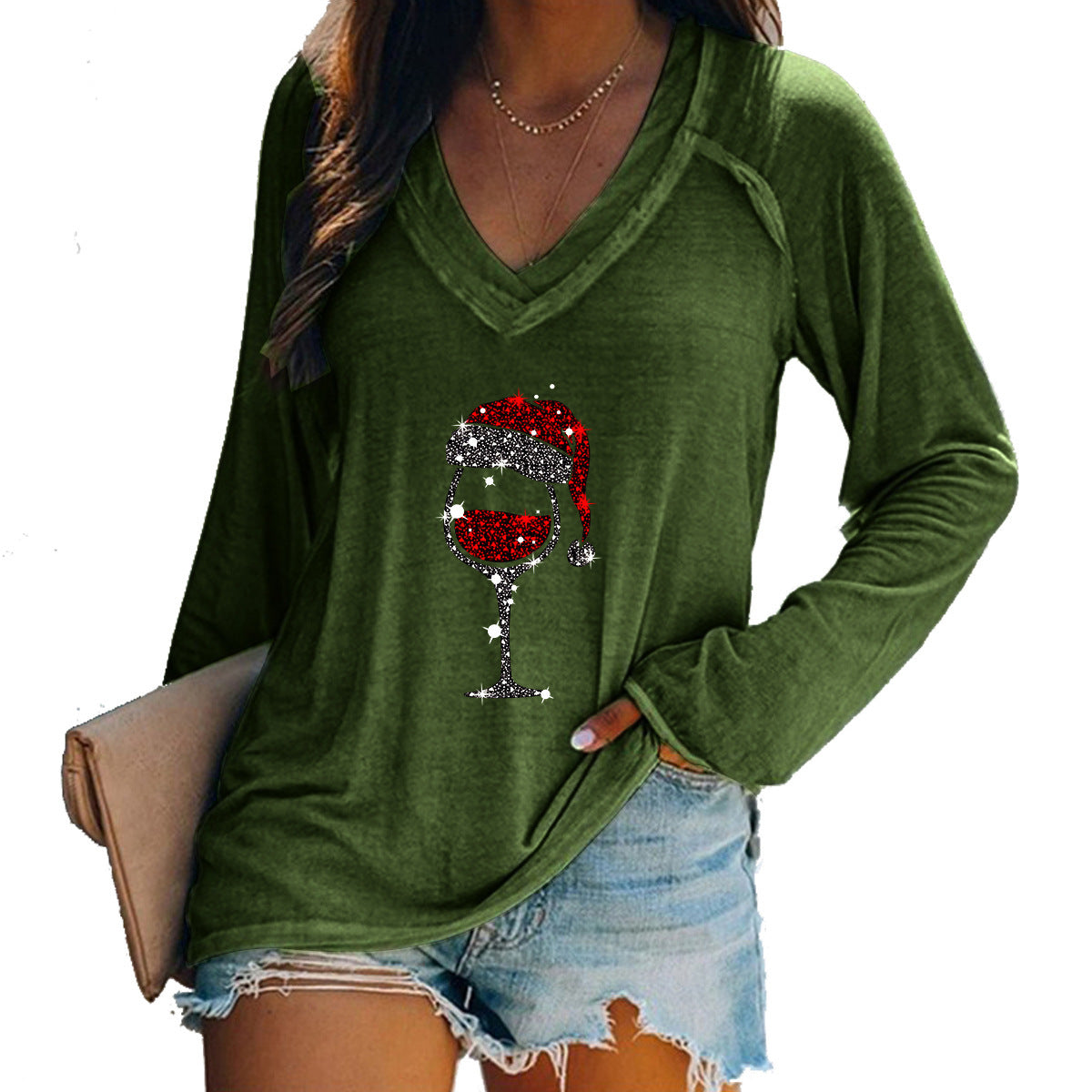 Wholesale Valentine's Day Long Sleeve Women's Long Sleeve Cup Printing Long Sleeve V-neck T-shirt