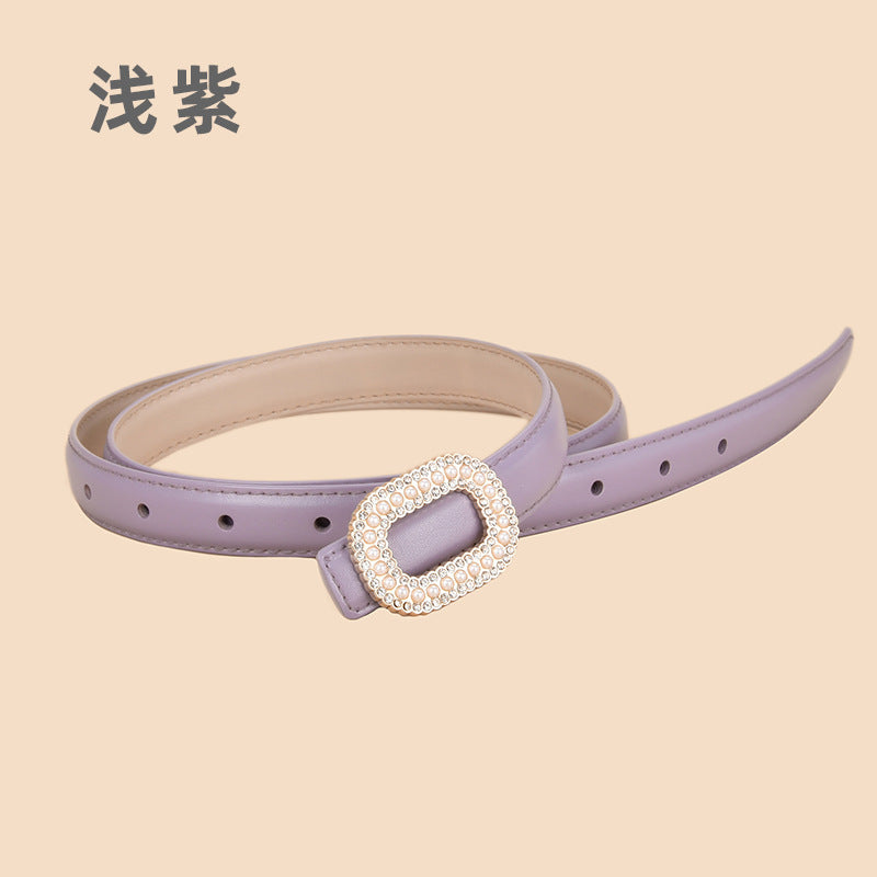 Wholesale Versatile Genuine Leather Belt with Round Buckle Inlaid with Pearls and Rhinestones