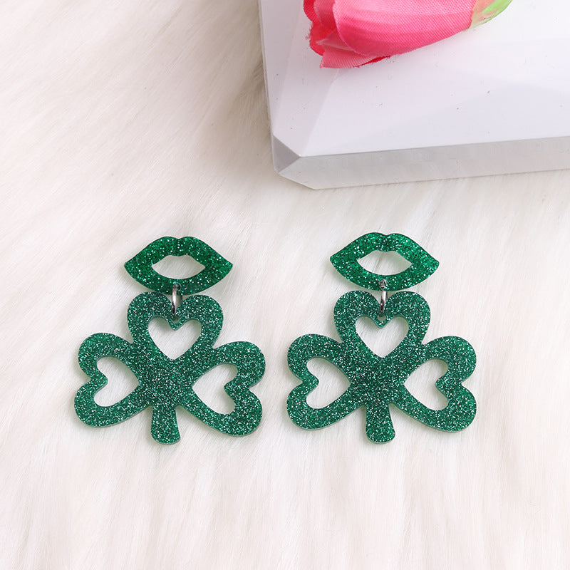 Wholesale Acrylic Saint Patrick Lip Clover Patchwork Earrings