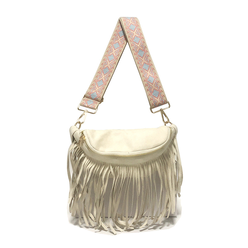 Wholesale Retro Ethnic Style Wide Shoulder Strap Detachable Tassel Bag PU Crossbody Bag