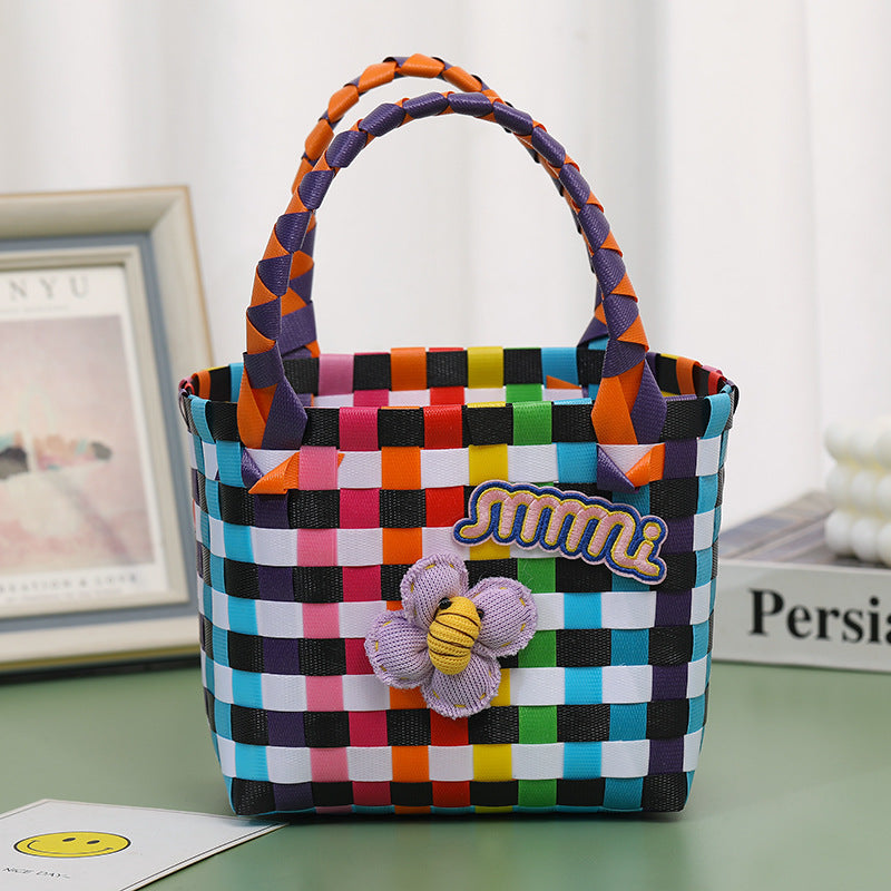 Wholesale Children's flower cute summer beach colorful literary hand-woven handbag