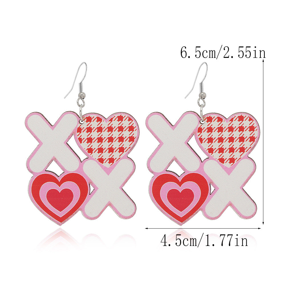 Wholesale Valentine's Day Pink Printed Love Heart-shaped Wooden Earrings