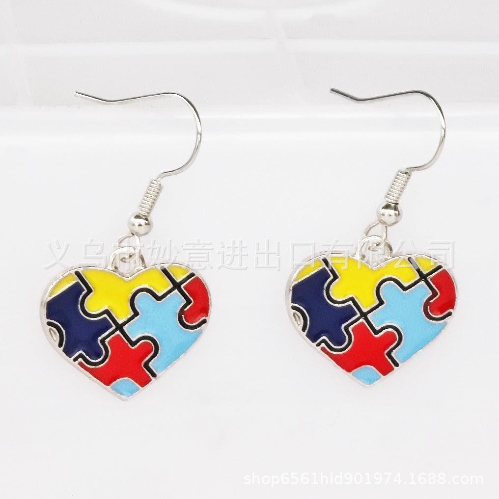 Wholesale 2PCS/Pack Color Puzzle Earrings Alloy Dropping Oil Puzzle Autism Ladies Earrings