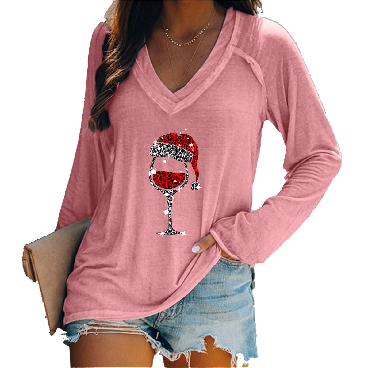 Wholesale Valentine's Day Long Sleeve Women's Long Sleeve Cup Printing Long Sleeve V-neck T-shirt