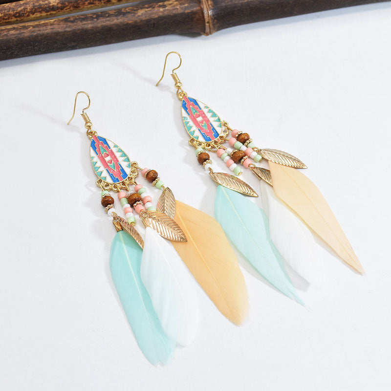 Wholesale Retro Pattern Long Rice Bead Tassel Earrings
