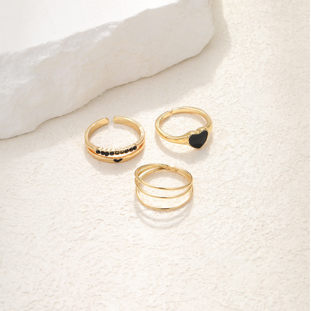 Wholesale Zinc Alloy Black Drop Oil Heart Ring Set of Three Pieces