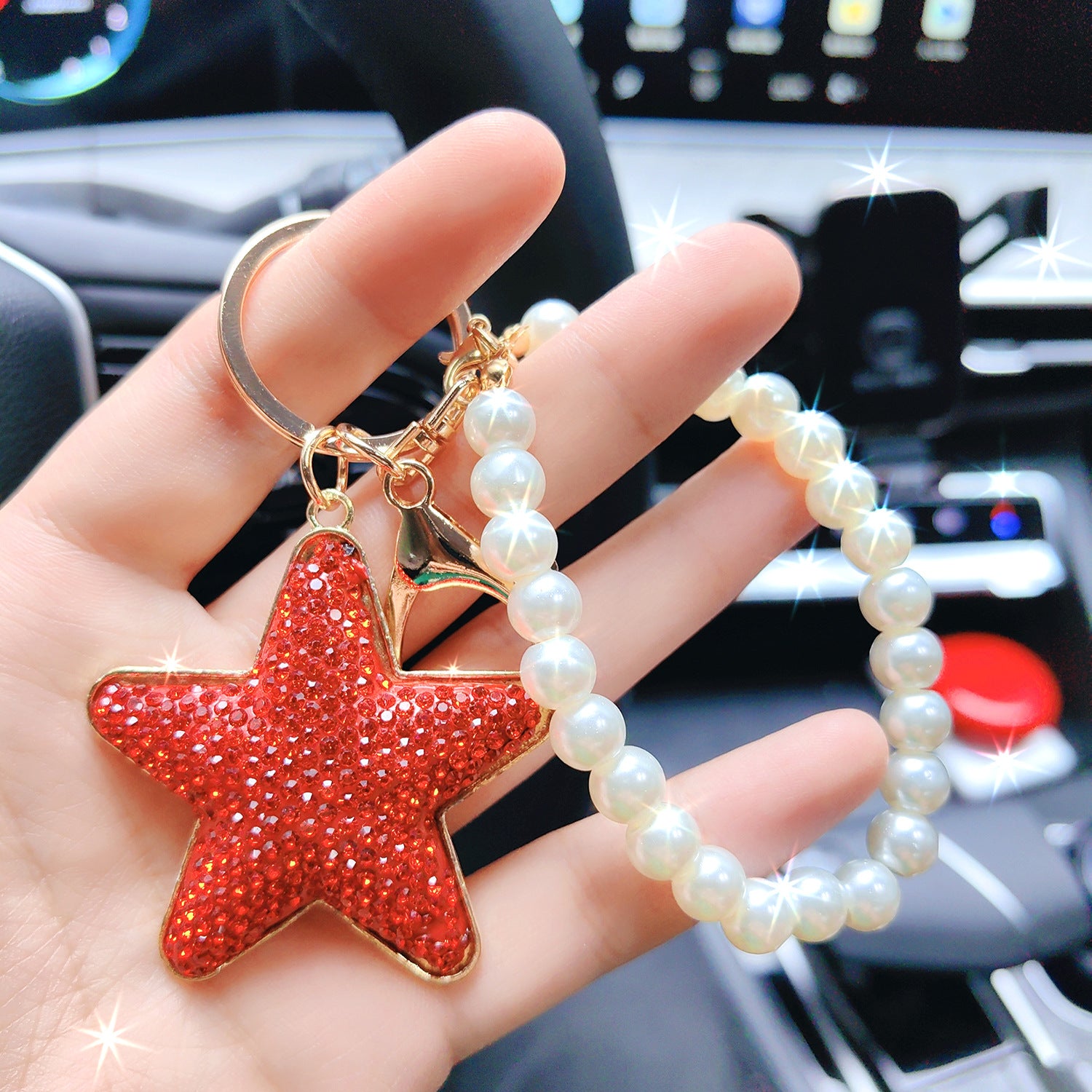 Wholesale Diamond Five-pointed Star Pearl Car Metal Creative Bag Pendant Keychains