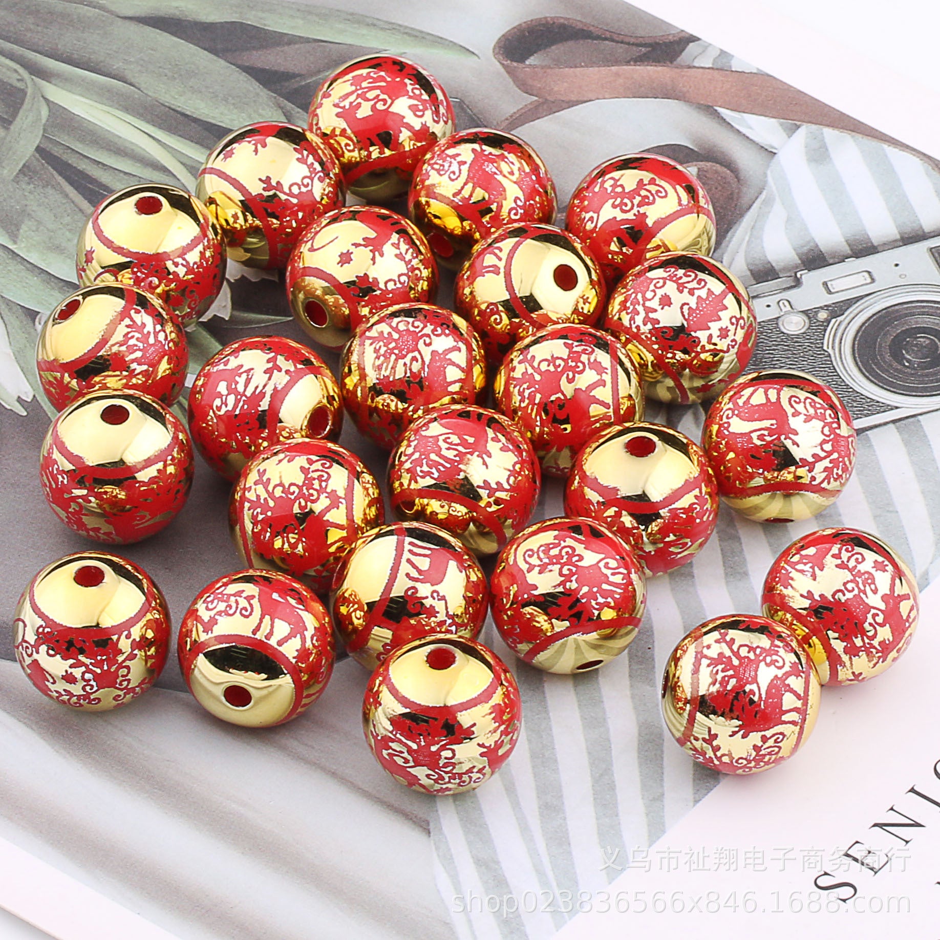 Wholesale 25pcs Christmas Series Acrylic Color Printed Round Beads Gold DIY Pumpkin Beads