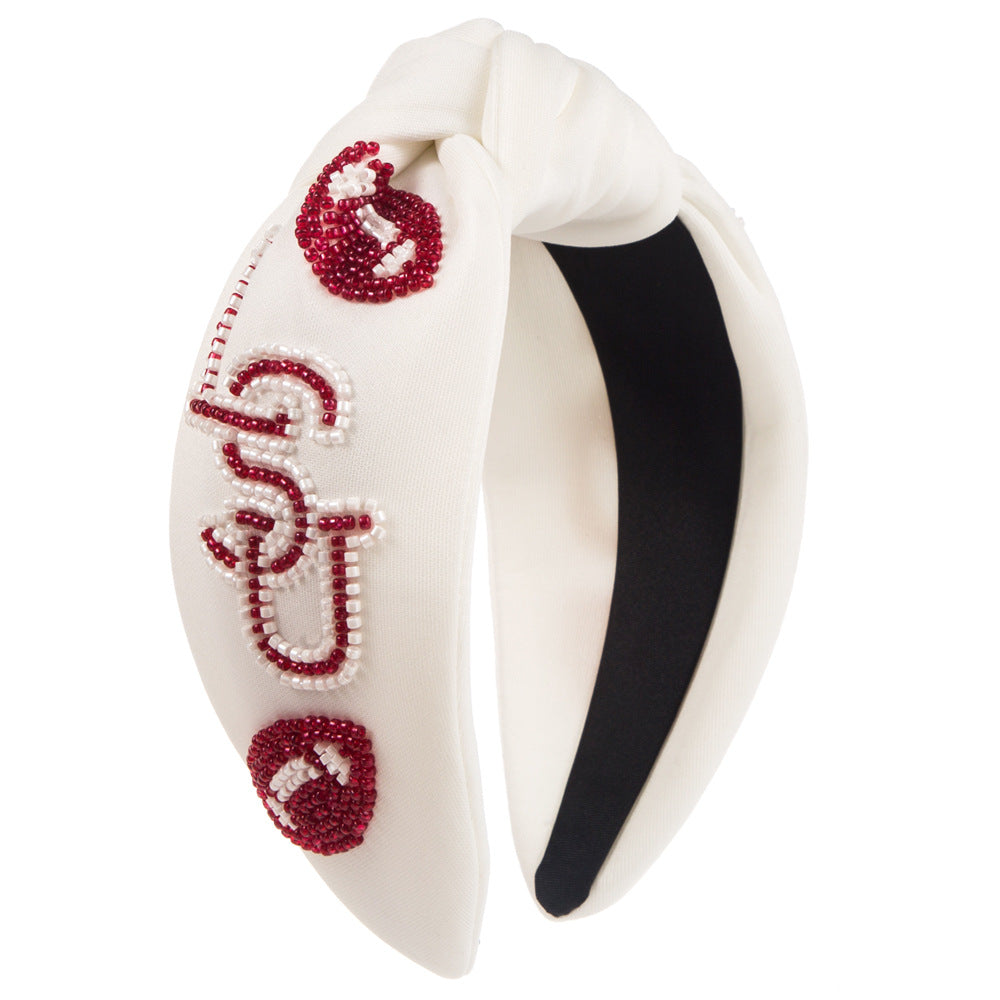 Wholesale Wide Edge Hand-stitched Rice Beads Rugby Letters Headband