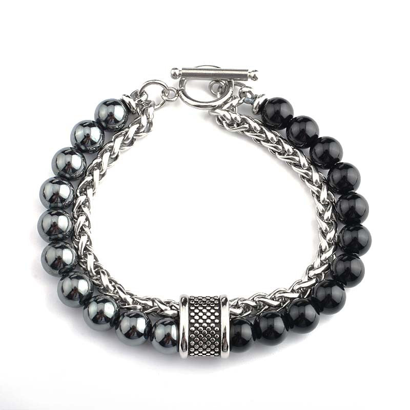 Wholesale Stainless Steel Double Layer Frosted Stone Men's Bracelet