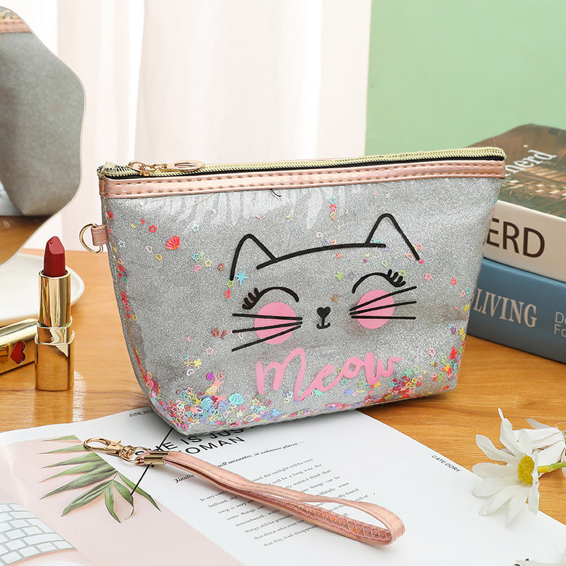 Wholesale Cat cartoon cosmetic bag quicksand pencil case cosmetic bag