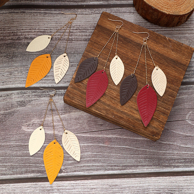 Wholesale Cowhide Leaf Artificial Leather Leaf Earrings