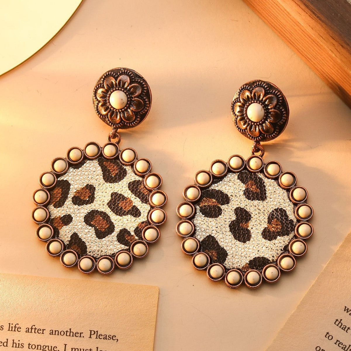 Wholesale Exaggerated retro Bohemian colorful turquoise leopard print earrings