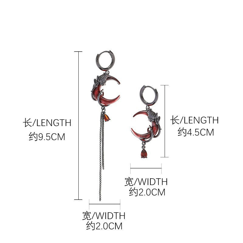 Wholesale Rose Red Crescent Asymmetric Retro Design New Chinese Style Earrings