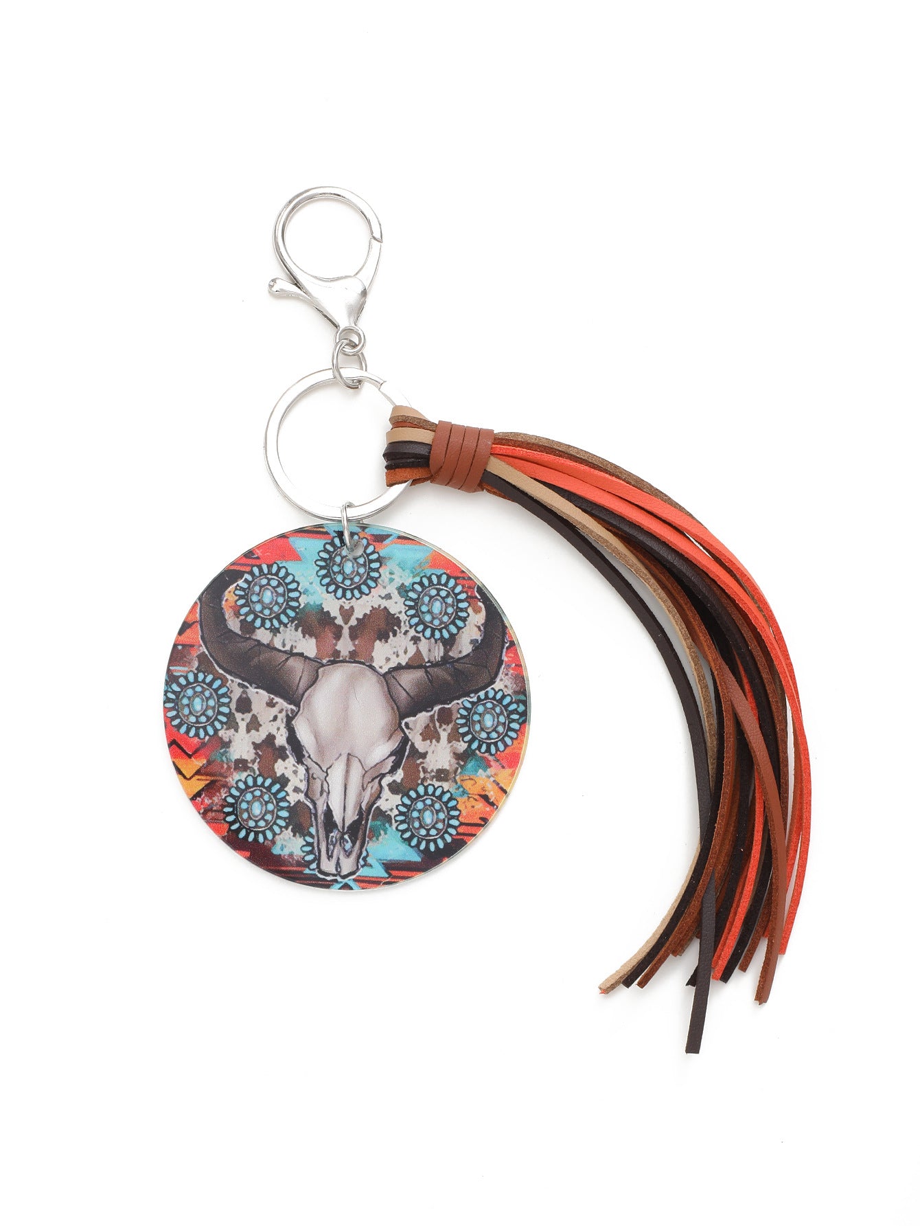 Wholesale Round Acrylic Cactus Sunflower Bull Head Print Tassel Keychain