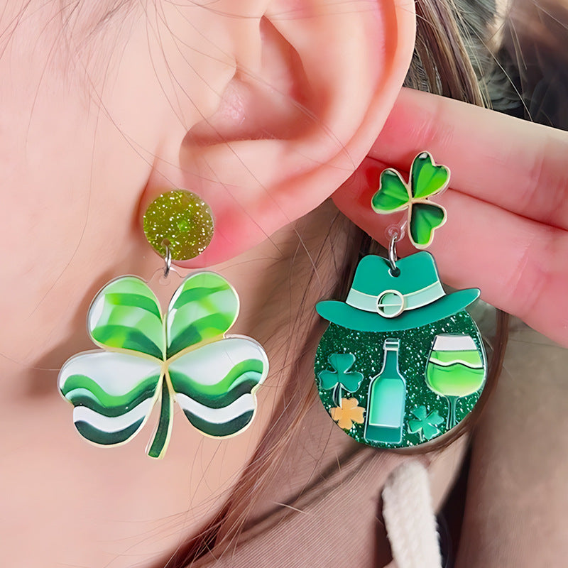 Wholesale St.  Patrick' s  Green AB Beer Acrylic  Clover Earrings