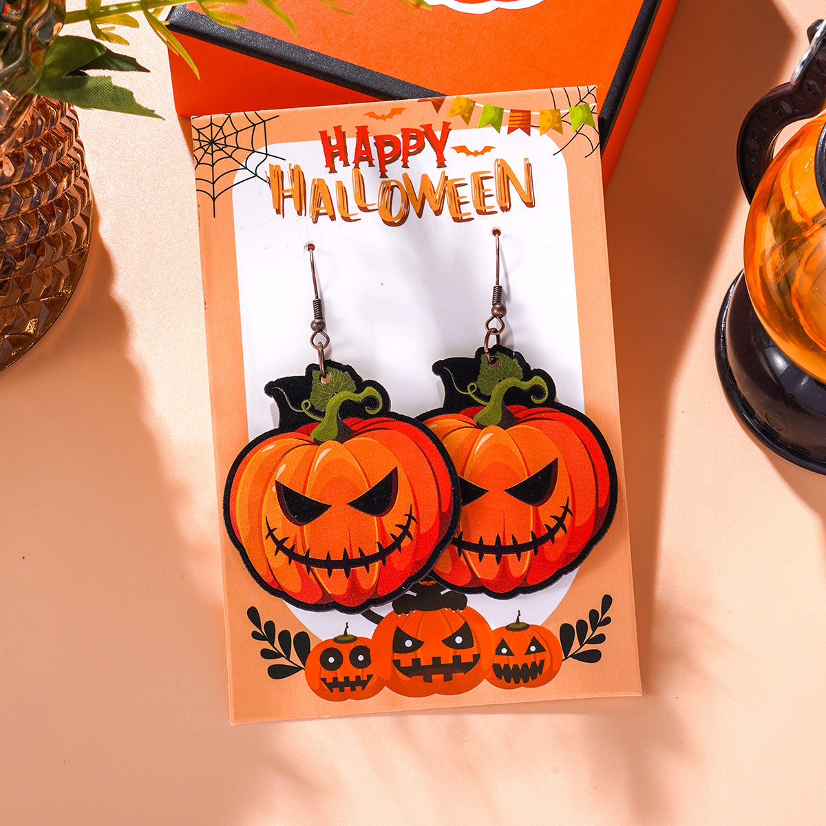 Wholesale Halloween Theme Funny Creative Cartoon Wooden Pumpkin Spider Kitten Earrings