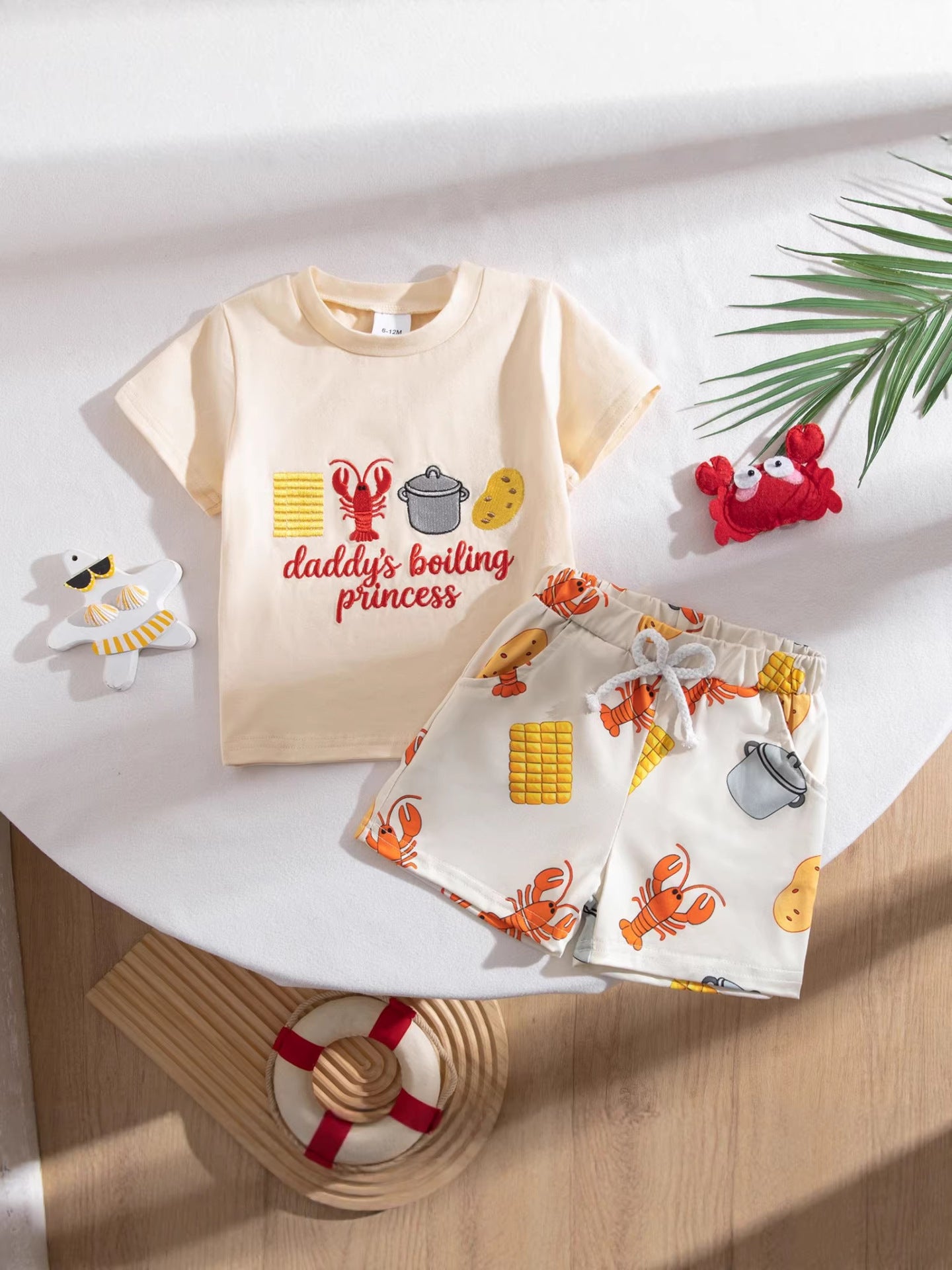 Wholesale Chic Unisex Kids Summer Two Piece Set Korean Style Short Sleeve With Lobster Embroidery Casual Outfit For Toddlers Boutique Resale
