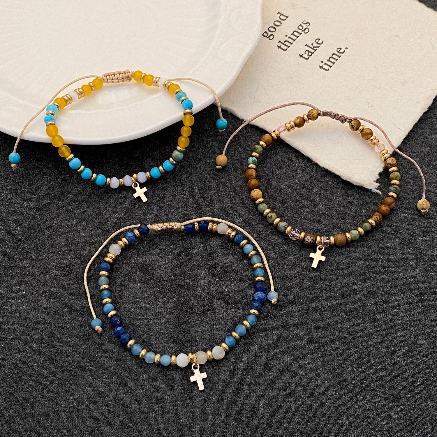 Wholesale Bohemian colored gemstone beaded cross bracelet braided pull-out hand jewelry
