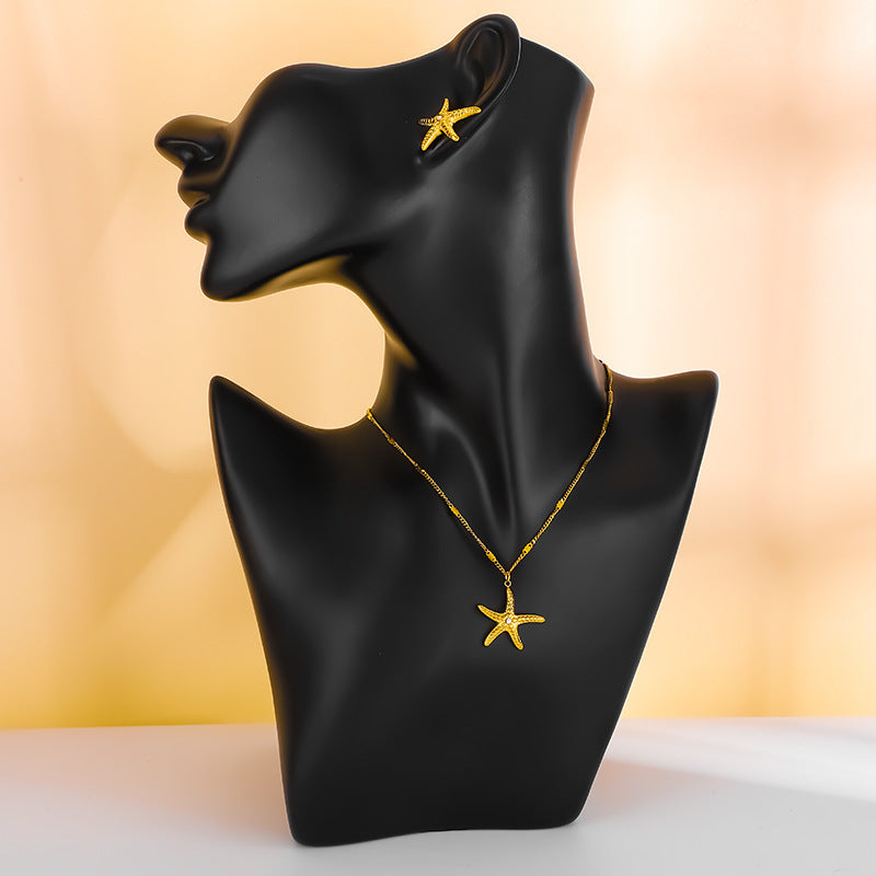 Wholesale Summer Little Starfish Diamond-Studded Necklace and Earrings Titanium Steel Jewelry Set