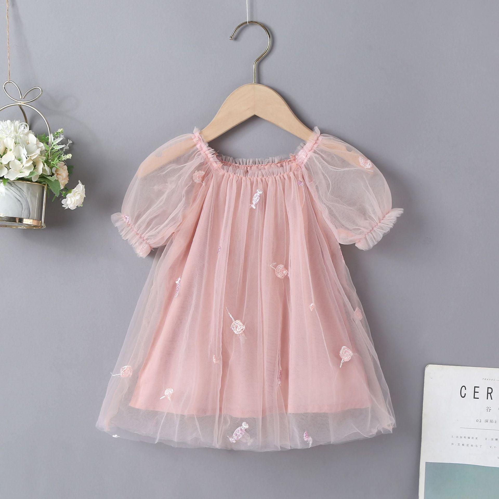 Wholesale Stylish Mesh Bubble Sleeve Princess Dress For Girls Cotton Party Outfit