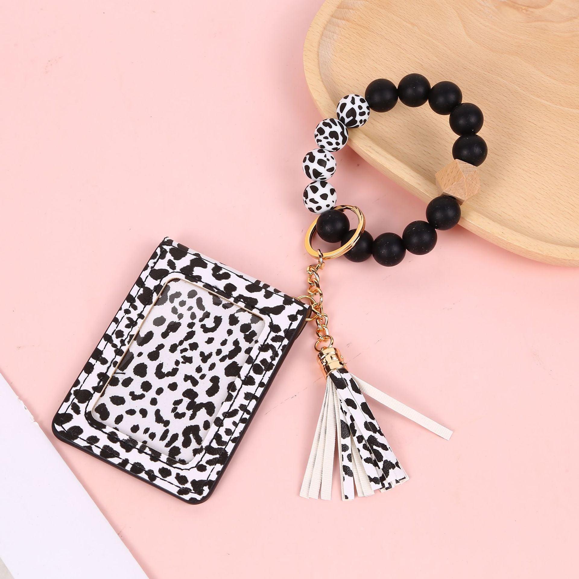 Wholesale Leopard Print Card Holder Silicone Beaded Wrist Keychain